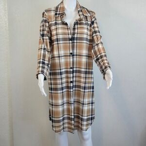 Lily by Firmiana Womens Plaid Button Down Shirt Dress Tan Black White Large